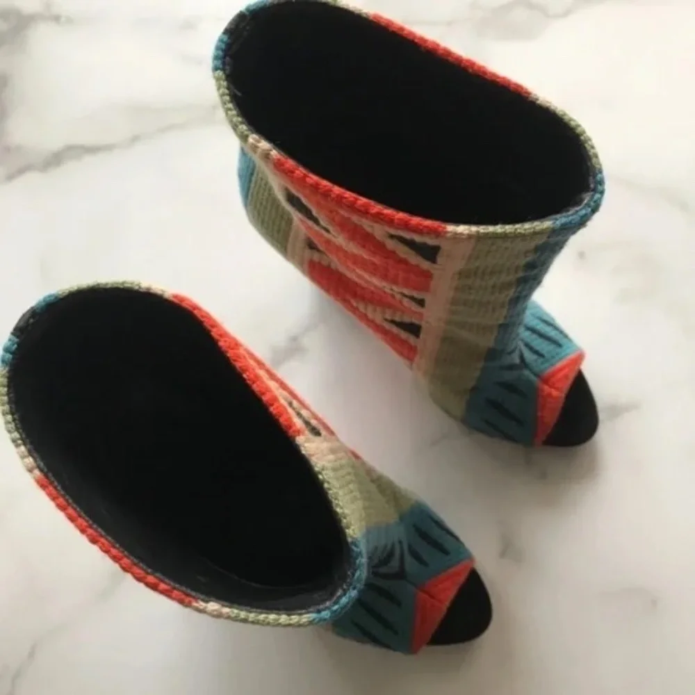 100% AUTHENTIC Burberry Multicolor Tapestry Bateson Peep Toe Booties Size 38 - Picture 5 of 8